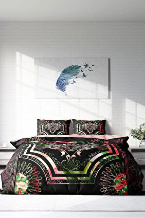Lastikli Çarşaflı %100 Pamuk Saten Çift Kişilik Nevresim Takımı Roses Pattern
