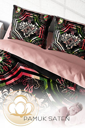Lastikli Çarşaflı %100 Pamuk Saten Çift Kişilik Nevresim Takımı Roses Pattern