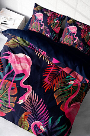 Çift Kişilik ( Lastikli Çarşaflı ) %100 Pamuk Saten Nevresim Takımı Flamingo I