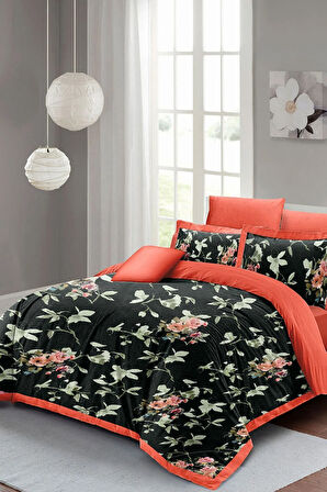 Lastikli Çarşaflı %100 Pamuk Saten Çift Kişilik Nevresim Takımı Black Somon Flower