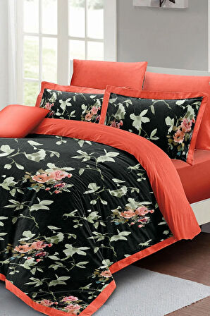 Lastikli Çarşaflı %100 Pamuk Saten Çift Kişilik Nevresim Takımı Black Somon Flower