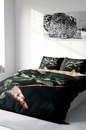 Lastikli Çarşaflı %100 Pamuk Saten Çift Kişilik Nevresim Takımı Simple Leave