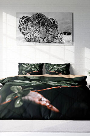 Lastikli Çarşaflı %100 Pamuk Saten Çift Kişilik Nevresim Takımı Simple Leave