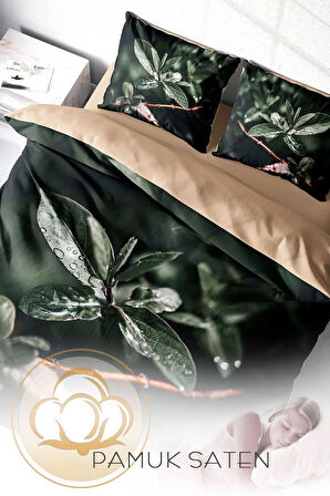 Lastikli Çarşaflı %100 Pamuk Saten Çift Kişilik Nevresim Takımı Simple Leave