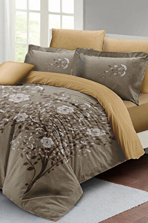 Çift Kişilik ( Lastikli Çarşaflı ) %100 Pamuk Saten Nevresim Takımı Autumn Brown