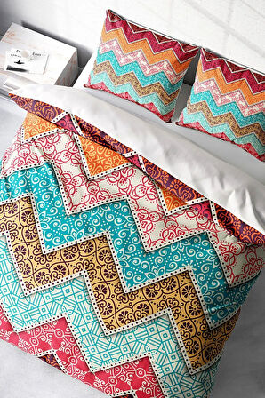 Lastikli Çarşaflı %100 Pamuk Saten Çift Kişilik Nevresim Takımı Zikzak Motif