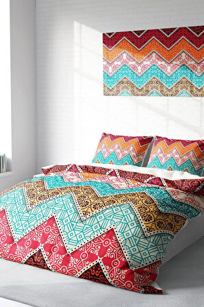 Lastikli Çarşaflı %100 Pamuk Saten Çift Kişilik Nevresim Takımı Zikzak Motif