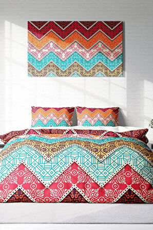 Lastikli Çarşaflı %100 Pamuk Saten Çift Kişilik Nevresim Takımı Zikzak Motif