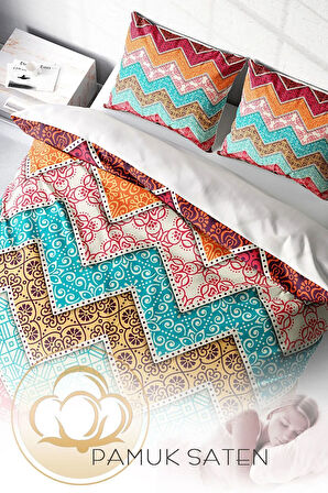 Lastikli Çarşaflı %100 Pamuk Saten Çift Kişilik Nevresim Takımı Zikzak Motif
