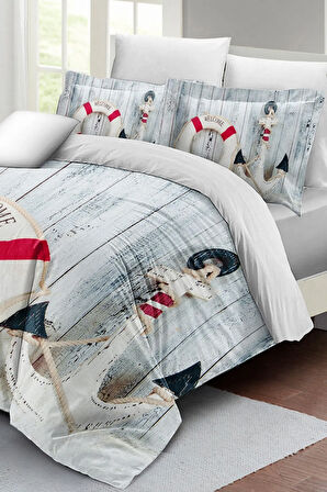 Lastikli Çarşaflı %100 Pamuk Saten Çift Kişilik Nevresim Takımı Sea Anchor