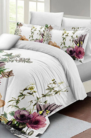 Çift Kişilik ( Lastikli Çarşaflı ) %100 Pamuk Saten Nevresim Takımı Flower Show