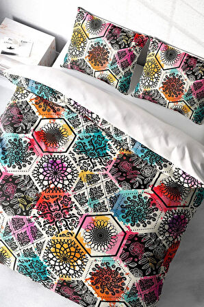 Lastikli Çarşaflı %100 Pamuk Saten Çift Kişilik Nevresim Takımı Patchwork Tiles