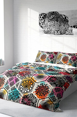 Lastikli Çarşaflı %100 Pamuk Saten Çift Kişilik Nevresim Takımı Patchwork Tiles