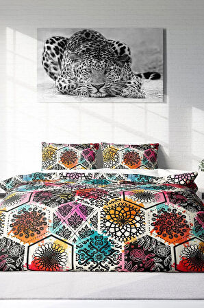 Lastikli Çarşaflı %100 Pamuk Saten Çift Kişilik Nevresim Takımı Patchwork Tiles