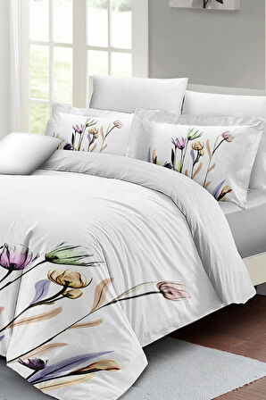 Çift Kişilik ( Lastikli Çarşaflı ) %100 Pamuk Saten Nevresim Takımı Çiçekli Beyaz