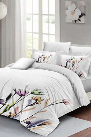 Çift Kişilik ( Lastikli Çarşaflı ) %100 Pamuk Saten Nevresim Takımı Çiçekli Beyaz