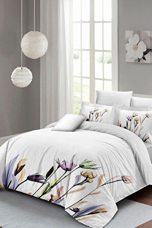 Çift Kişilik ( Lastikli Çarşaflı ) %100 Pamuk Saten Nevresim Takımı Çiçekli Beyaz