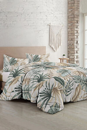 Çift Kişilik ( Lastikli Çarşaflı ) %100 Pamuk Saten Nevresim Takımı Botanik Palm