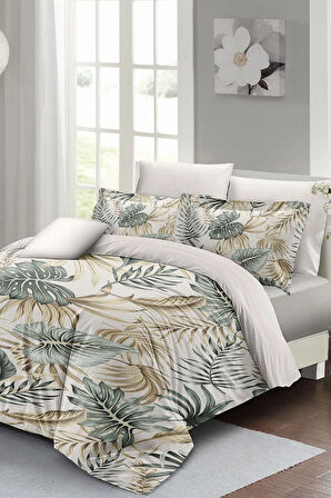 Çift Kişilik ( Lastikli Çarşaflı ) %100 Pamuk Saten Nevresim Takımı Botanik Palm