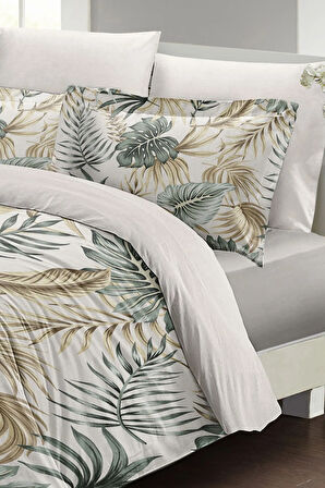 Çift Kişilik ( Lastikli Çarşaflı ) %100 Pamuk Saten Nevresim Takımı Botanik Palm