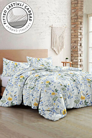 Lastikli Çarşaflı %100 Pamuk Saten Çift Kişilik Nevresim Takımı Spring Floral Luxury