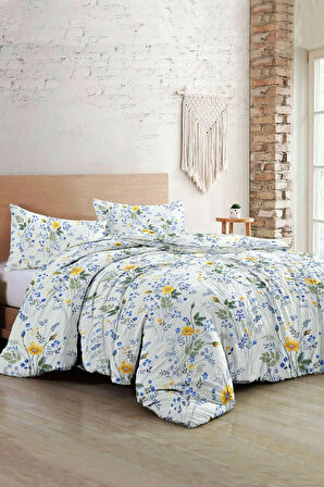 Lastikli Çarşaflı %100 Pamuk Saten Çift Kişilik Nevresim Takımı Spring Floral Luxury