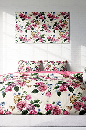 Çift Kişilik ( Lastikli Çarşaflı ) %100 Pamuk Saten Nevresim Takımı Dance Of Roses