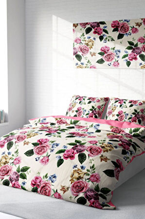 Çift Kişilik ( Lastikli Çarşaflı ) %100 Pamuk Saten Nevresim Takımı Dance Of Roses