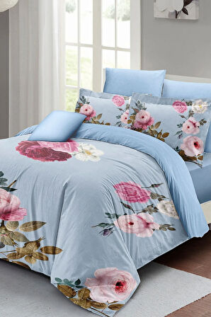 Çift Kişilik ( Lastikli Çarşaflı ) %100 Pamuk Saten Nevresim Takımı Blue Flower