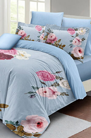 Çift Kişilik ( Lastikli Çarşaflı ) %100 Pamuk Saten Nevresim Takımı Blue Flower