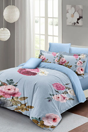 Çift Kişilik ( Lastikli Çarşaflı ) %100 Pamuk Saten Nevresim Takımı Blue Flower