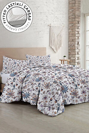 Çift Kişilik ( Lastikli Çarşaflı ) %100 Pamuk Saten Nevresim Takımı Elegant Floral Luxury