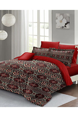 Lastikli Çarşaflı %100 Pamuk Saten Çift Kişilik Nevresim Takımı Red Old Design