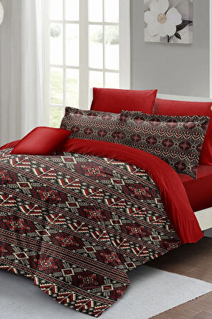 Lastikli Çarşaflı %100 Pamuk Saten Çift Kişilik Nevresim Takımı Red Old Design