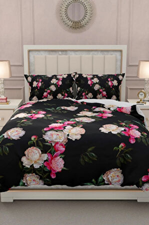 Lastikli Çarşaflı %100 Pamuk Saten Çift Kişilik Nevresim Takımı Black Flower