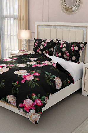 Lastikli Çarşaflı %100 Pamuk Saten Çift Kişilik Nevresim Takımı Black Flower