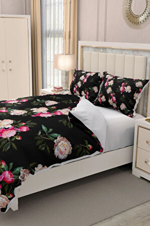 Lastikli Çarşaflı %100 Pamuk Saten Çift Kişilik Nevresim Takımı Black Flower