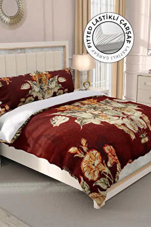 Lastikli Çarşaflı %100 Pamuk Saten Çift Kişilik Nevresim Takımı Glazed Bouquet