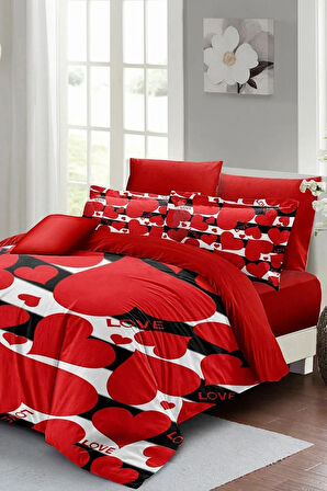 Çift Kişilik ( Lastikli Çarşaflı ) Sevgililer Günü Nevresim Takımı % 100 Pamuk Saten Big Love