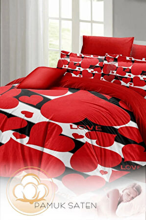 Çift Kişilik ( Lastikli Çarşaflı ) Sevgililer Günü Nevresim Takımı % 100 Pamuk Saten Big Love