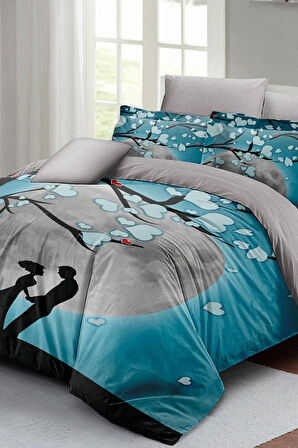 Çift Kişilik ( Lastikli Çarşaflı ) Sevgililer Günü Nevresim Takımı % 100 Pamuk Saten Blue Dream