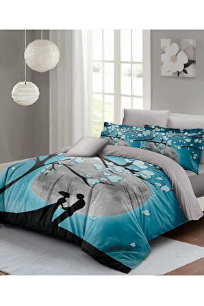 Çift Kişilik ( Lastikli Çarşaflı ) Sevgililer Günü Nevresim Takımı % 100 Pamuk Saten Blue Dream