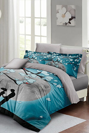 Çift Kişilik ( Lastikli Çarşaflı ) Sevgililer Günü Nevresim Takımı % 100 Pamuk Saten Blue Dream