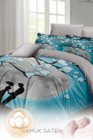 Çift Kişilik ( Lastikli Çarşaflı ) Sevgililer Günü Nevresim Takımı % 100 Pamuk Saten Blue Dream