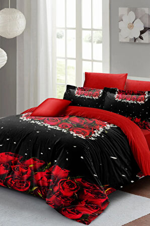 Sevgililer Günü Özel Çift Kişilik Nevresim Takımı Pamuk Saten Black Roses