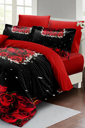 Sevgililer Günü Özel Çift Kişilik Nevresim Takımı Pamuk Saten Black Roses