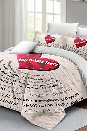 Sevgililer Günü Özel Çift Kişilik Nevresim Takımı Pamuk Saten Darling White