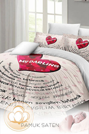 Sevgililer Günü Özel Çift Kişilik Nevresim Takımı Pamuk Saten Darling White