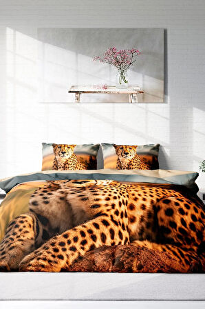 Leopar Çift Kişilik Nevresim Takımı Özel Dokuma Pamuk Saten Cheetah
