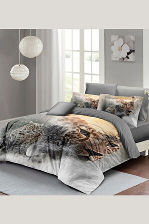 Leopar Lastikli Çarşaflı %100 Pamuk Saten Çift Kişilik Nevresim Takımı Snow Leopard